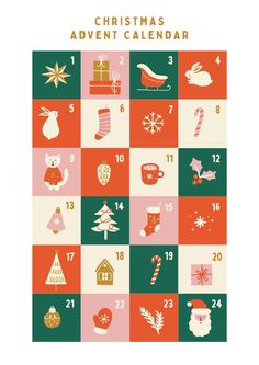 the christmas calendar is shown with different items on it and numbers in red, green, white