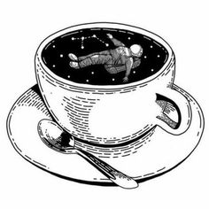 a black and white drawing of a cup of coffee with an astronaut floating in it