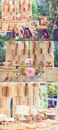 an assortment of desserts and pastries are displayed on the table in this collage