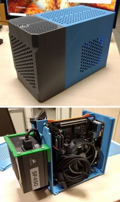 two images show the inside of a computer case, one with an external hard drive