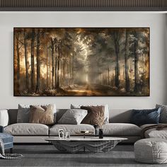 a living room with a large painting on the wall