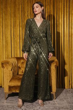 The perfect jumpsuit for your next holiday, party, event. Pair with a cute pair of heels. Sequined Jumpsuit, Vacation Dresses Casual, Match Velvet, Puffed Long Sleeves, Wrap Jumpsuit, Sequin Jumpsuit, Occasion Dresses Wedding, Fall Skirts, Next Holiday