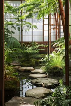 the inside of a house with plants and rocks in the water, surrounded by tall palm trees