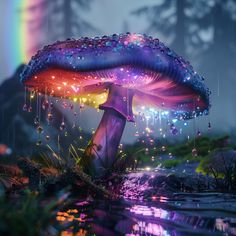 a colorful mushroom sitting on top of a lush green field next to a rainbow colored forest