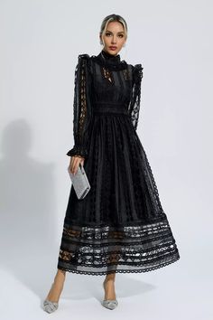 Turn heads wherever you go with the exquisite Mariam Black Hollow Lace Long Sleeve Dress. Features a stand collar and long sleeves, beautifully adorned with intricate lace details. The hollow design adds a touch of allure and elegance to your ensemble. Dress Length: Approx 138cmMaterials: PolyesterGentle Dry Clean Only Lace Long Sleeve Dress, The Hollow, Lace Long Sleeve, Long Sleeve Lace Dress, Hollow Design, Gothic Outfits, Dress Cuts, Bandage Dress, Product Images