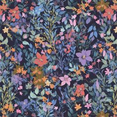 a floral wallpaper with many different colored flowers on the dark blue background and green leaves