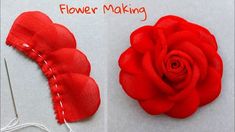 a red flower is being made with scissors and thread on a white surface, along with the words flower making written below it