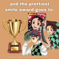 some anime characters are posing with a trophy and an advertise for the smile award