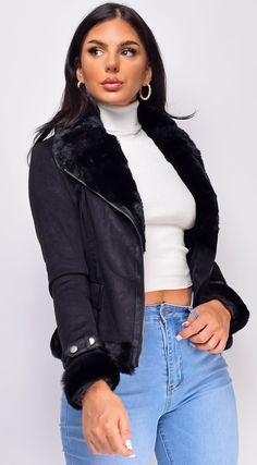 Moto Jacket Faux fur Asymmetric front zipper closure Flap pocket detail Lined Vegan suede Model's height: 5'6" Model is wearing size S Faux Fur Jacket, Moto Jacket, Pocket Detail, Flap Pocket, Black Suede, Front Zipper, Faux Fur, Zipper, The Originals