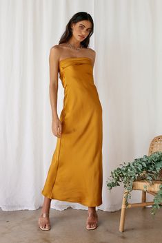 Gleam In Gold Maxi Dress Yellow | Fortunate One Yellow Wedding Guest Dresses, Gold Satin Dress, Yellow Long Dress, Lilly Pulitzer Maxi Dress, Cocktail Dress Yellow, Gold Maxi Dress, Yellow Bridesmaid Dresses, Open Back Maxi Dress, Paisley Maxi Dress