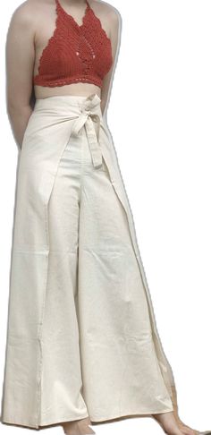 Cotton Wide Leg Ankle-length Pants With Tie Waist, Summer Cotton Wrap Bottoms, Summer Wrap Cotton Bottoms, White Wrap Bottoms For Spring, Spring Cotton Wrap Bottoms, Beige Cotton Yoga Bottoms, Spring Linen Wrap Bottoms, Festival Trousers, Bali Beach