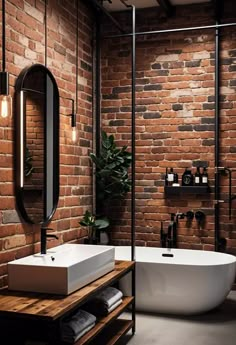 a bathroom with brick walls and a white bathtub