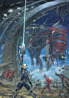 an artist's rendering of some sci - fi characters in front of a giant alien ship