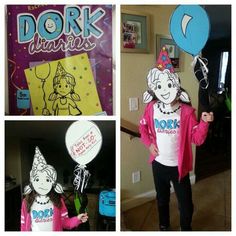 three pictures of children wearing birthday hats and holding balloons in front of their faces, with the words dork diapers on them