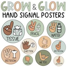 a poster with different hand signals and words on it that say grow & glow, hand signal posters