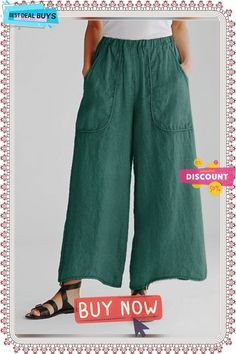 Solid Color Cotton Linen Pocket Wide Leg Pants Green Wide Leg Pants With Pockets, Casual High-waist Capris With Pockets, Casual High Waist Capris With Pockets, Spring Baggy Solid Color Pants, Spring Wide Leg Solid Color Bottoms, Spring Wide Leg Bottoms In Solid Color, Spring Wide-leg Solid Color Pants, Spring Wide-leg Pants In Solid Color, Baggy Solid Color Pants For Spring