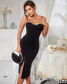 Fisdy - Muslo partido Decoración de diamantes de imitación Vestido de longitud media Split Thigh Dress, Rhinestone Dress, Mid Length Dresses, Sweetheart Neck, Dress Size Chart, Olivia Mark, Mid Length, Sleeveless Formal Dress, Sleeve Styles