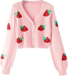 Strawberry Pattern, Cropped Cardigan Sweater, Crop Top Sweatshirt, Patterned Cardigans, Strawberry Print, Branded Sweatshirts, Pink Outfits, Pullover Shirt, Kawaii Clothes