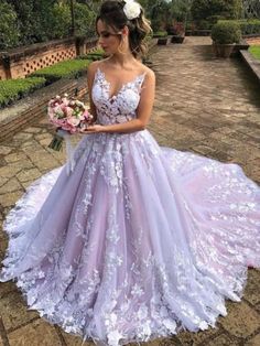 Sleeveless Lace Wedding Dress For Debutante Ball, Tangled Wedding, Wedding Dress Necklace, Lace Long Prom Dress, Floral Wedding Gown, Colored Wedding Dress, Purple Wedding Dress, Long Train Wedding Dress, Lace Ball Gowns