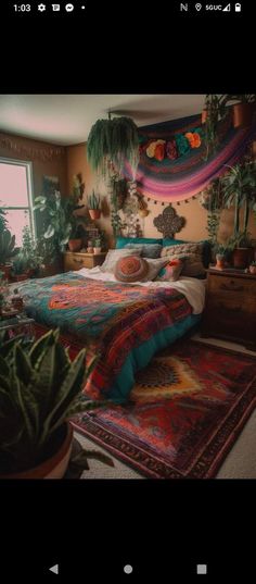 an image of a bedroom setting with plants on the wall and rugs on the floor