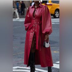 Soft Faux Leather Coat, Puff Long Sleeve, Pointed Collar, Removable Belt, Button Down Closure, Can Be Worn As A Coat Or Stress. Elastic Trim Around Sleeve.Nwot Faux Leather Coat, Winter Inspo, Puff Long Sleeves, Long Trench Coat, Ladies Boutique, Winter Style, Leather Coat, Trench Coat, Winter Fashion