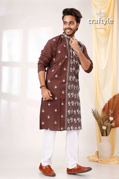 Presenting an exclusive Men's Kurta with hand embroidered kantha work. The unique multi-thread kantha embroidery design is entirely handcrafted on pure cotton panjabi by our skilled artisans. This beautiful Indian attire is suitable for any occasions and it will give you elegant ethnic look with ultimate comfort. Sleeve Length : Long Sleeves Design : Kantha Stitch Fabric : 100% Cotton Wash Care : Dry Clean recommended. -------------------------------- We regularly upload new premium products for Cotton Sherwani For Navratri, Traditional Wear With Resham Embroidery For Puja, Designer Cotton Sherwani With Multicolor Embroidery, Festive Cotton Sherwani With Cutdana, Designer Multicolor Embroidered Cotton Sherwani, Transitional Cotton Sherwani With Chikankari Embroidery, Designer Cotton Sherwani, Designer Cotton Traditional Wear Straight Kurta, Brown Kurta With Resham Embroidery In Traditional Drape