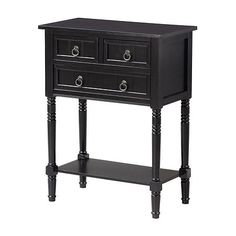 a black nightstand table with two drawers and one drawer on the bottom, side view