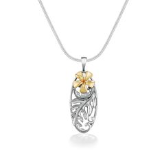 44897 - 14K Yellow Gold and Sterling Silver - Plumeria Ulu Scroll Pendant