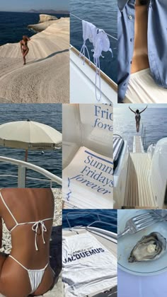 a collage of photos showing the different types of bikinis and accessories on a boat