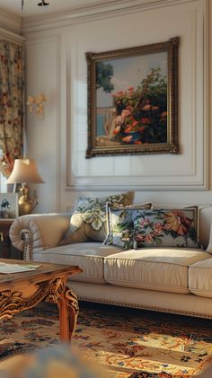 a living room filled with furniture and a painting hanging on the wall above it's windows