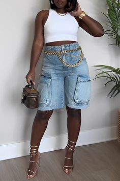 Fashion Casual High Waist Solid Color Straight Pocket Denim Shorts Style Overalls, Type Of Pants, 2000s Fashion, Pocket Jeans, Spring Summer Outfits, Look Cool, Denim Fashion, Spring Summer Fashion, Denim Women