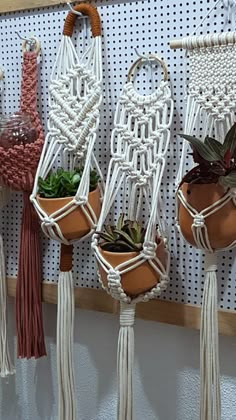 several potted plants are hanging on a wall with macrame beads and tassels