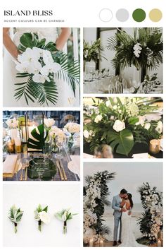 a collage of photos with flowers and greenery on them, including palm leaves