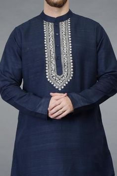 Shop for Talking Threads Blue Pure Matka Silk Asymmetric Kurta for Men Online at Aza Fashions Men Embroidery Kurta Design, Panjabi Design, Stylish Boy Clothes, Jodhpur Pants, Kurta Embroidery, Tilla Embroidery, Waistcoat Designs, Asymmetric Kurta, Embroidery Kurta