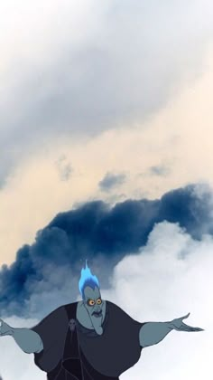 a cartoon character with blue hair and an evil look on his face is flying through the air