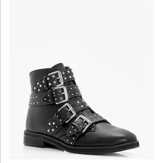 Boohoo Black Studded Strap Ankle Boots. Zipper On Insides Of Boots. Also Comes With Dust Covers. Trendy Ankle-high Moto Boots With Rivets, Edgy Ankle-high Studded Moto Boots, Trendy Ankle-high Boots With Rivets, Trendy Studded Ankle Moto Boots, Edgy Ankle-high Boots With Buckle Closure, Edgy Ankle-high Boots With Rivets, Trendy Ankle Boots With Rivets, Edgy Boots With Studs And Flat Heel, Edgy High Ankle Booties For Fall