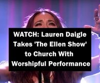 a woman holding her hands up in front of her face with the words watch lauren daigle takes the ellen show to church with worshipful performance