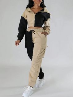 2pcs/Set Women's Sporty Zip-Up Hoodie Jacket & Cargo Sweatpants Suit, Thick Fleece Lining, Colorblock Design, For Spring, Autumn And Winter Multicolor Casual  Long Sleeve Polyester Colorblock,Striped  Slight Stretch Fall,Spring/Fall,Winter,All,Fall/Winter Women Clothing, size features are:Bust: ,Length: ,Sleeve Length: Casual Chique Stijl, Drawstring Pants Outfit, Style Désinvolte Chic, Two Piece Pants Set, Fall Wear, Hooded Tops, Casual Sporty, Drawstring Hoodie, Casual Sets