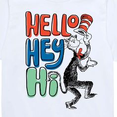 Dr. Seuss - Cat in the Hat Hello Hey Hi - Toddler And Youth Short Sleeve Graphic T-Shirt - Celebrate the essence of Dr. Seuss's Dr. Seuss with officially licensed apparel featuring unique designs crafted exclusively by Hybrid Apparel. Each piece brings beloved characters, iconic imagery, and memorable moments to life, offering Dr. Seuss fans a one-of-a-kind way to showcase their passion.