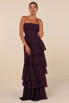 Dark Purple Tiered Dress - Strapless Maxi Dress - Purple Gown - Lulus Dark Gown Elegant, Plum And Green Bridesmaid Dresses, Dark Purple Dress Formal Evening Gowns, Long Winter Dresses Formal, Winter Wedding Maid Of Honor Dresses, Purple Dress Maxi, Hourglass Bridesmaid Dress, Deep Purple Formal Dress, Bridesmaid Dresses Big Bust