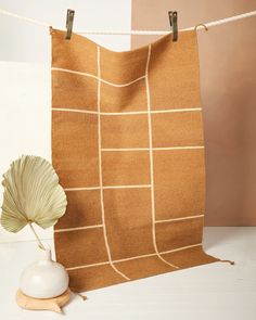 a vase with a plant in it next to a brown and white cloth hanging on a clothes line