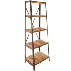 a tall metal and wood shelf with four shelves