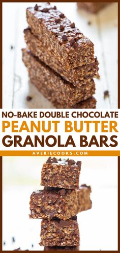 no - bake double chocolate peanut butter granola bars stacked on top of each other