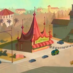 an animated image of a carnival with cars parked in front of it and people walking around