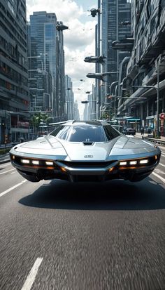 a white sports car driving down the road in front of tall buildings and skyscrapers