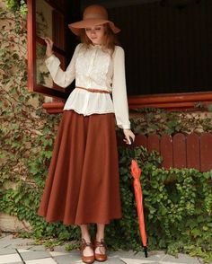 Cute Skirt Outfits, Look Retro, Brown Skirt, Brown Skirts, Winter Skirt, Vestidos Vintage, Modest Clothing