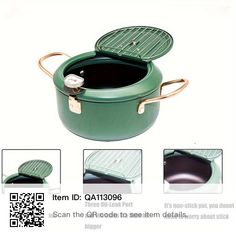 green pot with lid and gold handles on white background, showing instructions for how to use it