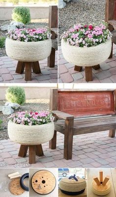 four pictures show different ways to make a planter out of an old tire and some wood