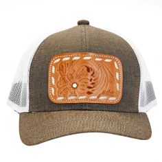 McIntire Saddlery Heather Brown and White Mesh Back Natural Tool Leather Patch Adjustable MS-CAP09-BROWN Step out in style wearing our natural tool leather patch cap by McIntire Saddlery. Leather Snapback Baseball Cap, Adjustable Leather Snapback Baseball Cap, Western Style Brown Trucker Hat For Outdoor, Country Style Brown Baseball Cap With Flat Brim, Brown Country Style Baseball Cap With Curved Brim, Adjustable Leather Trucker Hat, Country Style Brown Flat Brim Baseball Cap, Adjustable Brown Baseball Cap For Rodeo, Brown Flat Brim Country Baseball Cap