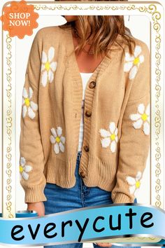 Khaki Daisy Pattern Knit Button Front Cardigan Button Front Cardigan, Daisy Pattern, Cardigan Tops, Winter Sweaters, Sweaters & Cardigans, Knitting Patterns, Cardigans, Daisy, Fall Winter